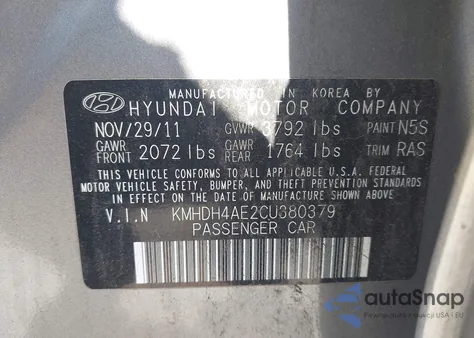 2012 Hyundai Elantra Gls (Ulsan Plant) из США, поврежденный, VIN KMHDH4AE2CU380379